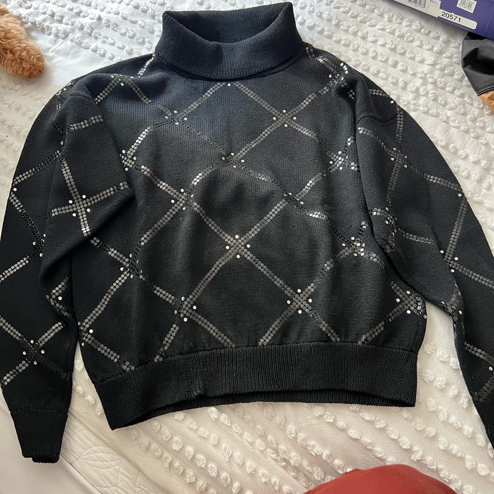 St. John Black Turtleneck Sweater with Rhinestone Accents
